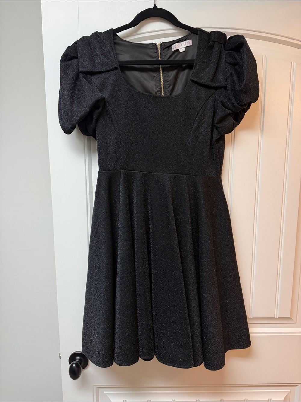 Ivy City Co Black Sparkle Puff Sleeve Fit-and-Flare Dress